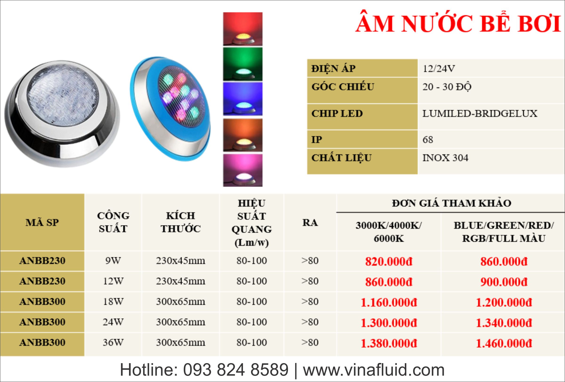 Đèn LED hồ bơi VNACOLED 12/24V vật liệu inox 304