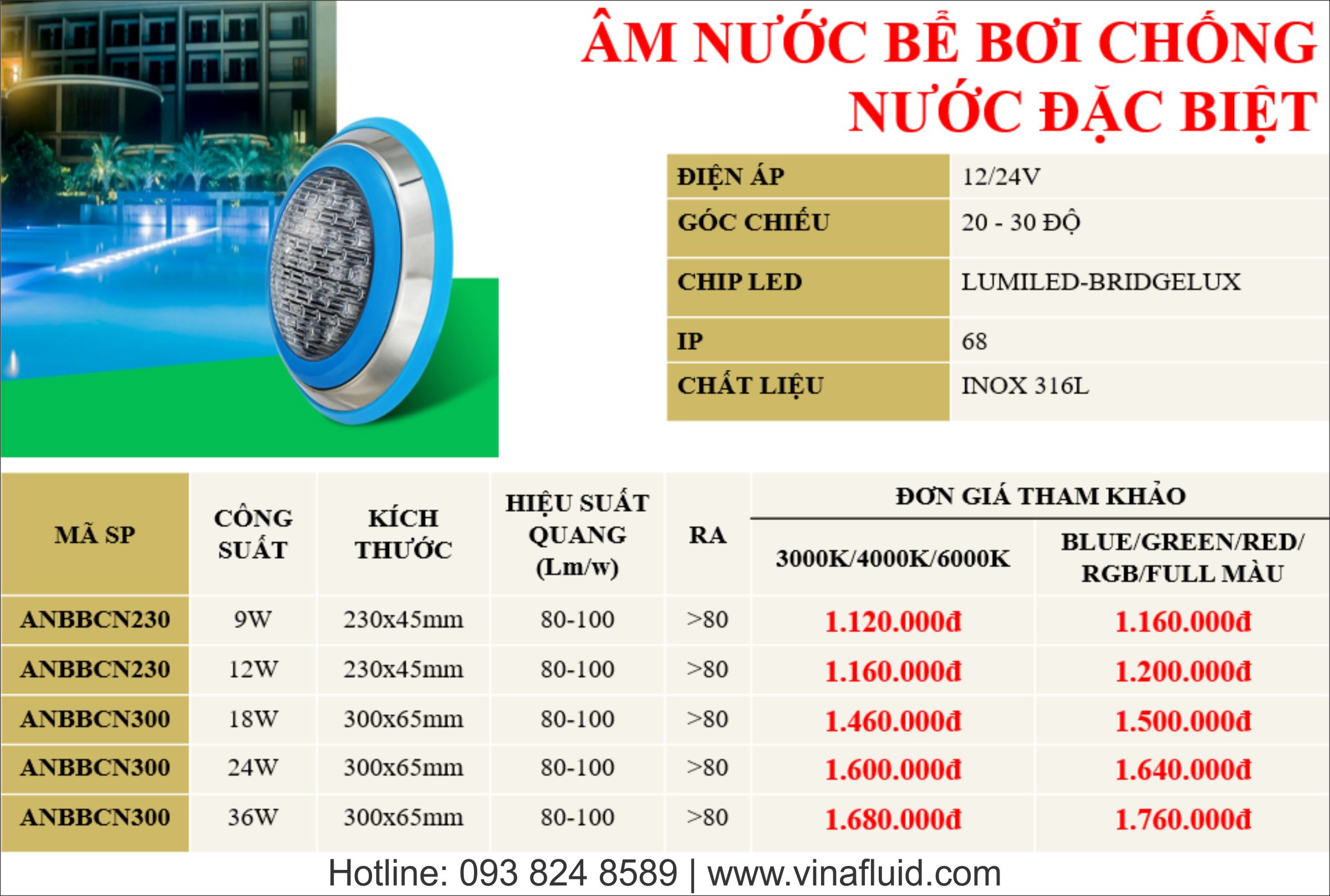 Đèn LED bể bơi vật liệu Inox 316